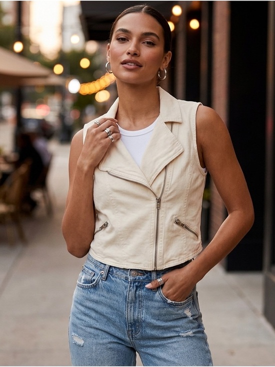 Body Central Jackets & Blazers - Body Central Cream Linen Blend Moto Vest Small Asymmetrical Zip Cropped